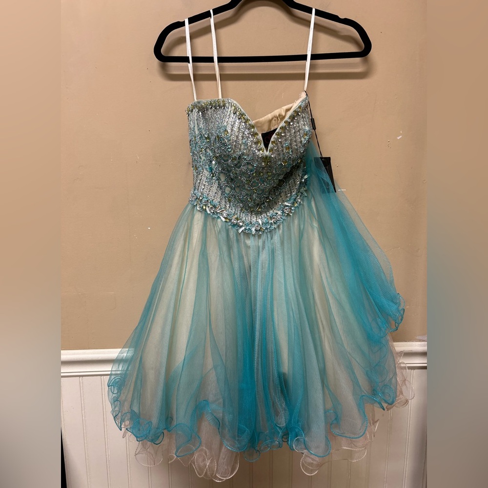 Glamour Terani Couture Prom Pagent Strapless Dress Beaded Rhinestones Teal 0 NWT